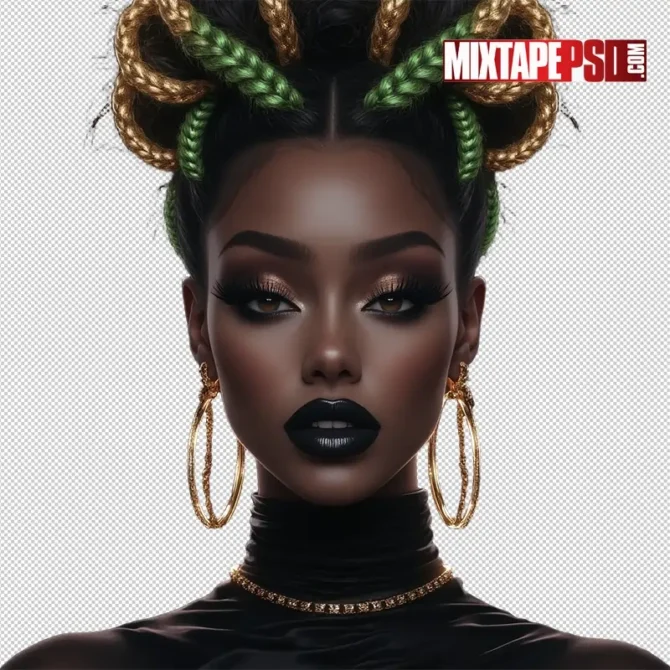 Club Flyer Model with Gold & Green Braided Hair PNG