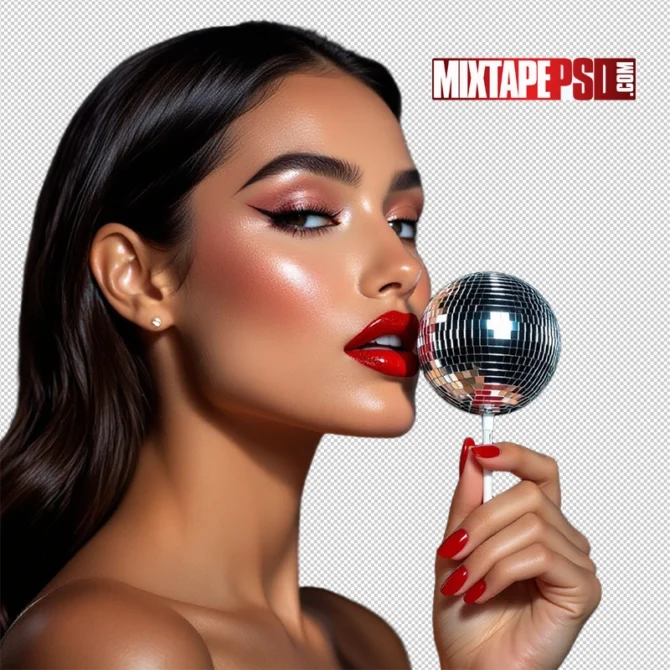 Hispanic model licking disco ball lollipop with red lipstick and red nails, model licking disco ball, disco ball lollipop, sexy model png, seductive woman image, party flyer model, glam model png, red lipstick model, club flyer asset, photorealistic woman png, exotic model art, red nails woman, disco theme image, flyer girl png, licking lollipop model, shiny model asset