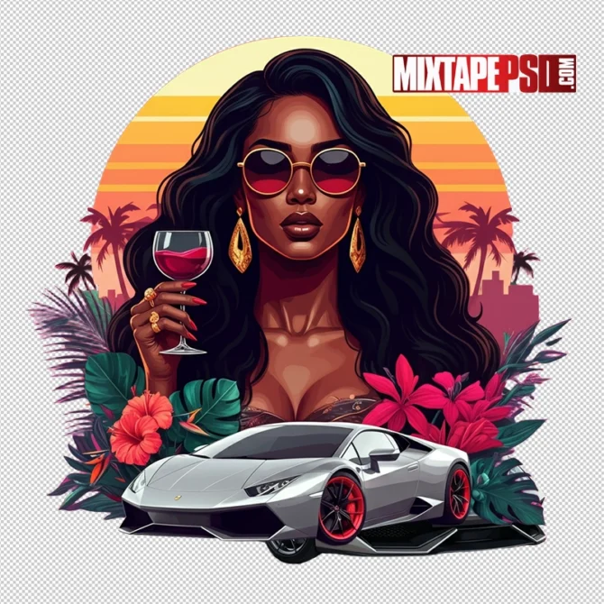 Stylized woman holding a glass of red wine in front of a silver Lamborghini with tropical flowers and sunset background, woman with wine png, Lamborghini Aventador illustration, tropical background art, comic style PNG, sunset art illustration, luxury lifestyle PNG, confident woman design, exotic setting PNG, red wine glass art, vibrant digital portrait, stylized woman and car, gold earrings art, lush foliage PNG, colorful flyer element, mixtape cover PNG