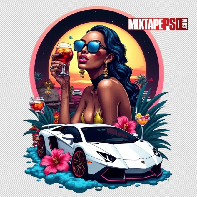 Stylized woman holding a glass of red wine in front of a silver Lamborghini with tropical flowers and sunset background, woman with wine png, Lamborghini Aventador illustration, tropical background art, comic style PNG, sunset art illustration, luxury lifestyle PNG, confident woman design, exotic setting PNG, red wine glass art, vibrant digital portrait, stylized woman and car, gold earrings art, lush foliage PNG, colorful flyer element, mixtape cover PNG