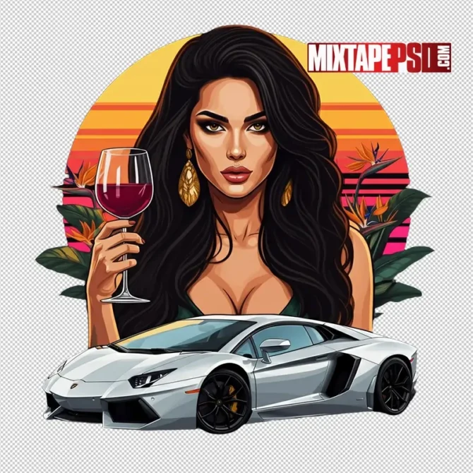 Stylized woman holding a glass of red wine in front of a silver Lamborghini with tropical flowers and sunset background, woman with wine png, Lamborghini Aventador illustration, tropical background art, comic style PNG, sunset art illustration, luxury lifestyle PNG, confident woman design, exotic setting PNG, red wine glass art, vibrant digital portrait, stylized woman and car, gold earrings art, lush foliage PNG, colorful flyer element, mixtape cover PNG