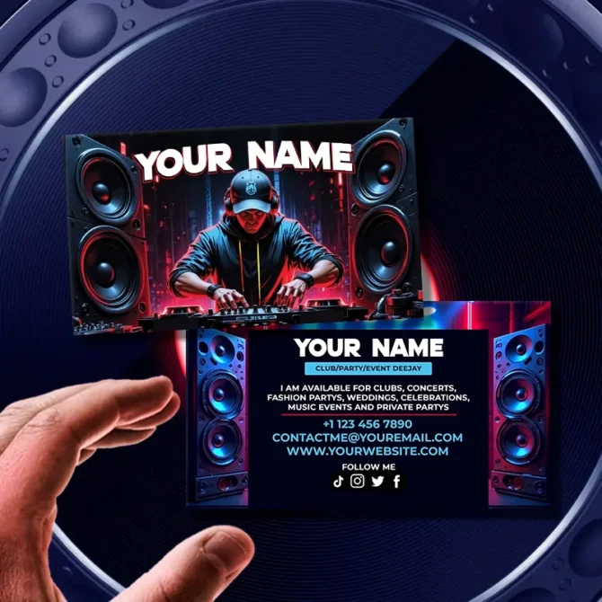 Editable DJ business card design with space for name, title, and social media info, deejay business cards, dj business card template, dj card design, business card for dj, dj branding card, printable dj card, dj contact card, custom dj cards, dj name card, deejay branding, dj logo card, cdj business card, mixtape dj card, business card psd, urban dj business card, dj promotion card, club dj card, editable dj card, modern dj card template, photoshop dj card