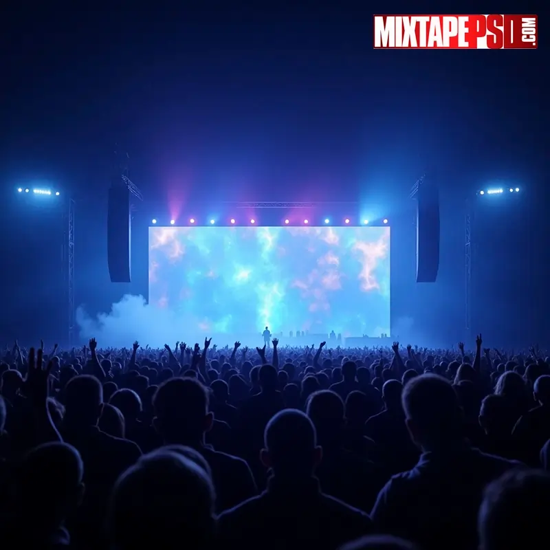 Photoreal arena concert stage at night with LED wall, moving head beams, haze, truss, subs, line arrays, and crowd hands. concert stage background, arena stage background, LED wall background, concert crowd silhouette, stage lights beams, moving head lights background, haze fog stage, truss rigging background, line array speakers, subwoofers stage, DJ flyer background, nightclub flyer background, festival stage background, live music background, photoreal stage PNG, concert background PNG, blue magenta stage lights, lens bloom stage, high contrast stage art, event poster background, party flyer background, EDM flyer background, hip hop flyer background, concert backdrop, stage scene background