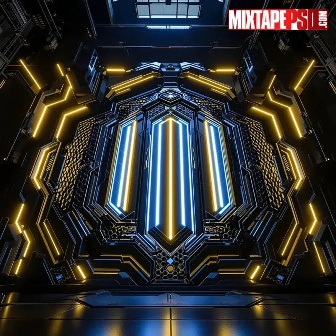 Futuristic black-and-blue honeycomb interior with glowing yellow neon panels—photoreal flyer background. futuristic flyer background, neon honeycomb background, black and gold background, sci fi interior background, EDM poster background, club flyer background, techno stage backdrop, cyberpunk interior background, hexagonal pattern background, glowing yellow neon background, high tech flyer backdrop, luxury sci fi architecture, ornate metallic structure background, glossy black gold background, glowing panel wall background, 3D architectural background, futuristic hex grid background, techno honeycomb texture, photoreal background, photoshop flyer background, PSD flyer background, nightclub poster background, electronic music flyer, modern geometric background, premium flyer background