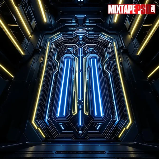 Futuristic black-and-blue honeycomb interior with glowing yellow neon panels—photoreal flyer background. futuristic flyer background, neon honeycomb background, black and gold background, sci fi interior background, EDM poster background, club flyer background, techno stage backdrop, cyberpunk interior background, hexagonal pattern background, glowing yellow neon background, high tech flyer backdrop, luxury sci fi architecture, ornate metallic structure background, glossy black gold background, glowing panel wall background, 3D architectural background, futuristic hex grid background, techno honeycomb texture, photoreal background, photoshop flyer background, PSD flyer background, nightclub poster background, electronic music flyer, modern geometric background, premium flyer background