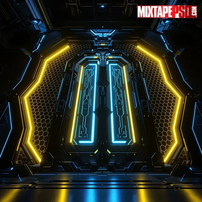 Futuristic black-and-blue honeycomb interior with glowing yellow neon panels—photoreal flyer background. futuristic flyer background, neon honeycomb background, black and gold background, sci fi interior background, EDM poster background, club flyer background, techno stage backdrop, cyberpunk interior background, hexagonal pattern background, glowing yellow neon background, high tech flyer backdrop, luxury sci fi architecture, ornate metallic structure background, glossy black gold background, glowing panel wall background, 3D architectural background, futuristic hex grid background, techno honeycomb texture, photoreal background, photoshop flyer background, PSD flyer background, nightclub poster background, electronic music flyer, modern geometric background, premium flyer background
