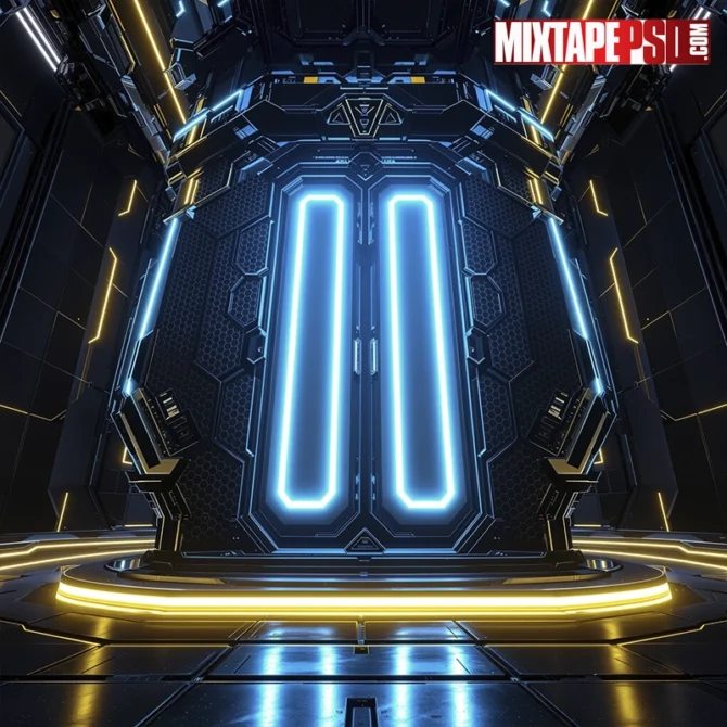 Futuristic black-and-blue honeycomb interior with glowing yellow neon panels—photoreal flyer background. futuristic flyer background, neon honeycomb background, black and gold background, sci fi interior background, EDM poster background, club flyer background, techno stage backdrop, cyberpunk interior background, hexagonal pattern background, glowing yellow neon background, high tech flyer backdrop, luxury sci fi architecture, ornate metallic structure background, glossy black gold background, glowing panel wall background, 3D architectural background, futuristic hex grid background, techno honeycomb texture, photoreal background, photoshop flyer background, PSD flyer background, nightclub poster background, electronic music flyer, modern geometric background, premium flyer background