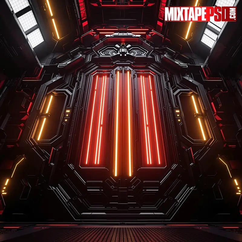 Futuristic black-and-red honeycomb interior with glowing yellow neon panels—photoreal flyer background. futuristic flyer background, neon honeycomb background, black and gold background, sci fi interior background, EDM poster background, club flyer background, techno stage backdrop, cyberpunk interior background, hexagonal pattern background, glowing yellow neon background, high tech flyer backdrop, luxury sci fi architecture, ornate metallic structure background, glossy black gold background, glowing panel wall background, 3D architectural background, futuristic hex grid background, techno honeycomb texture, photoreal background, photoshop flyer background, PSD flyer background, nightclub poster background, electronic music flyer, modern geometric background, premium flyer background