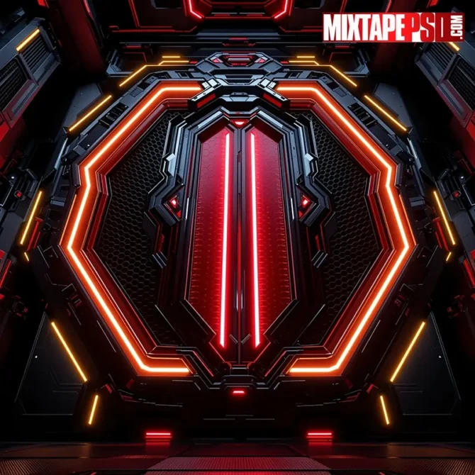 Futuristic black-and-red honeycomb interior with glowing yellow neon panels—photoreal flyer background. futuristic flyer background, neon honeycomb background, black and gold background, sci fi interior background, EDM poster background, club flyer background, techno stage backdrop, cyberpunk interior background, hexagonal pattern background, glowing yellow neon background, high tech flyer backdrop, luxury sci fi architecture, ornate metallic structure background, glossy black gold background, glowing panel wall background, 3D architectural background, futuristic hex grid background, techno honeycomb texture, photoreal background, photoshop flyer background, PSD flyer background, nightclub poster background, electronic music flyer, modern geometric background, premium flyer background