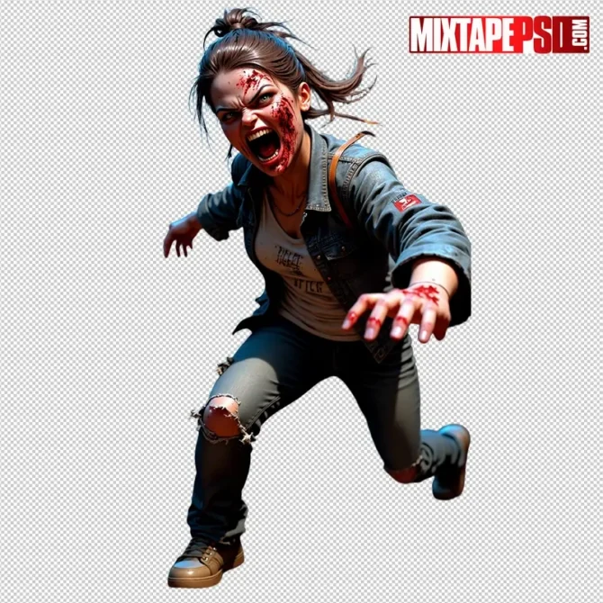 Halloween Bloody Female Zombie PNG – transparent, non-graphic cutout for flyers and posters. halloween female zombie png, bloody female zombie png, scary zombie png, zombie girl png, transparent png zombie, horror png asset, flyer asset png, dj flyer png, club flyer asset, halloween party flyer png, non graphic blood png, photoshop flyer elements, canva halloween png