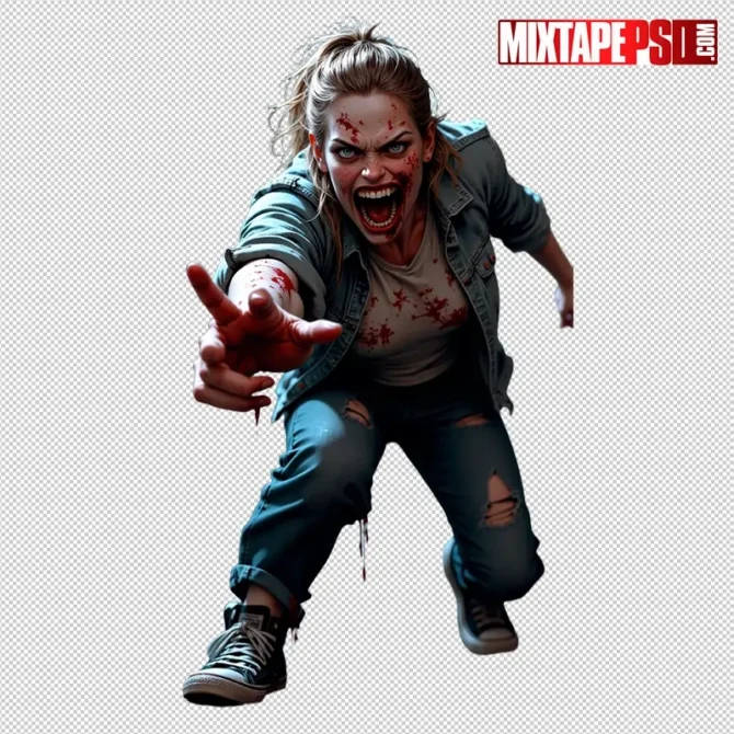Halloween Bloody Female Zombie PNG – transparent, non-graphic cutout for flyers and posters. halloween female zombie png, bloody female zombie png, scary zombie png, zombie girl png, transparent png zombie, horror png asset, flyer asset png, dj flyer png, club flyer asset, halloween party flyer png, non graphic blood png, photoshop flyer elements, canva halloween png