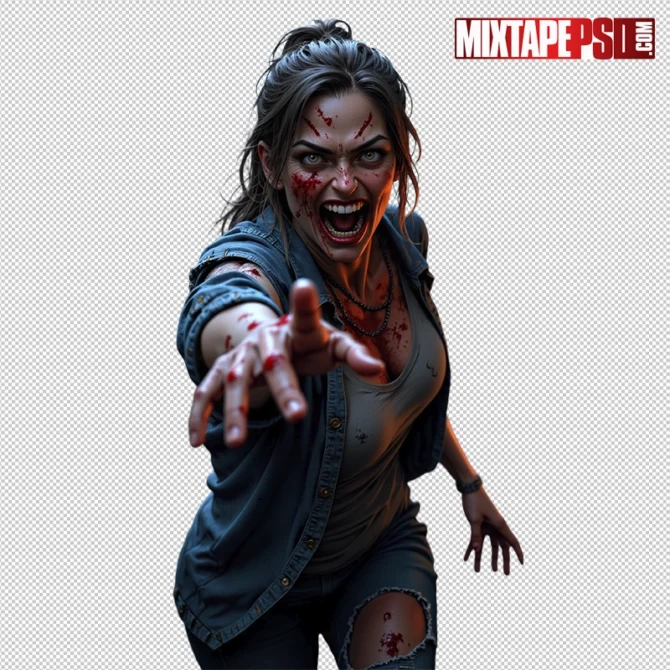 Halloween Bloody Female Zombie PNG – transparent, non-graphic cutout for flyers and posters. halloween female zombie png, bloody female zombie png, scary zombie png, zombie girl png, transparent png zombie, horror png asset, flyer asset png, dj flyer png, club flyer asset, halloween party flyer png, non graphic blood png, photoshop flyer elements, canva halloween png