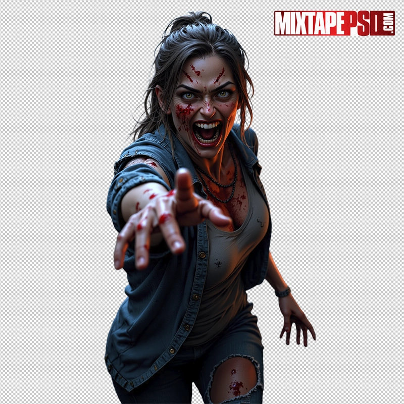 Halloween Bloody Female Zombie PNG – transparent, non-graphic cutout for flyers and posters. halloween female zombie png, bloody female zombie png, scary zombie png, zombie girl png, transparent png zombie, horror png asset, flyer asset png, dj flyer png, club flyer asset, halloween party flyer png, non graphic blood png, photoshop flyer elements, canva halloween png