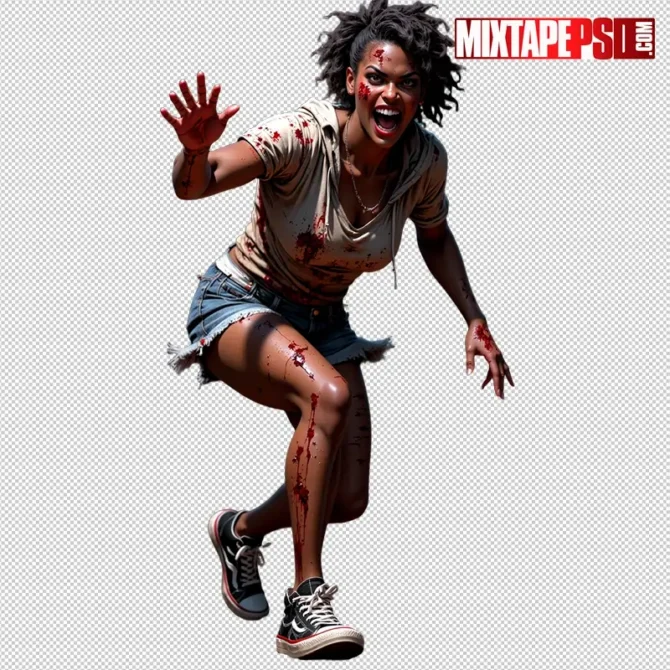 Halloween Bloody Female Zombie PNG – transparent, non-graphic cutout for flyers and posters. halloween female zombie png, bloody female zombie png, scary zombie png, zombie girl png, transparent png zombie, horror png asset, flyer asset png, dj flyer png, club flyer asset, halloween party flyer png, non graphic blood png, photoshop flyer elements, canva halloween png