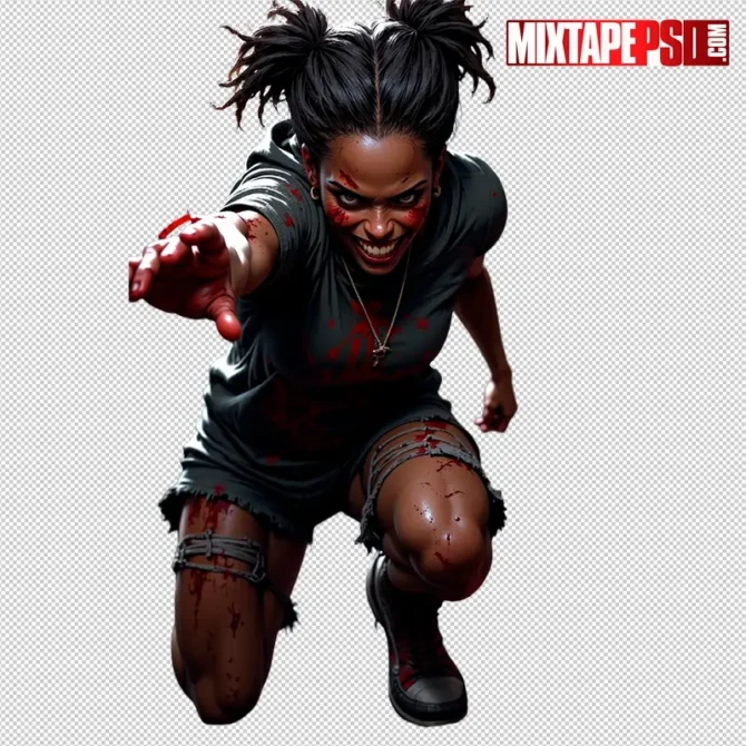 Halloween Bloody Female Zombie PNG – transparent, non-graphic cutout for flyers and posters. halloween female zombie png, bloody female zombie png, scary zombie png, zombie girl png, transparent png zombie, horror png asset, flyer asset png, dj flyer png, club flyer asset, halloween party flyer png, non graphic blood png, photoshop flyer elements, canva halloween png