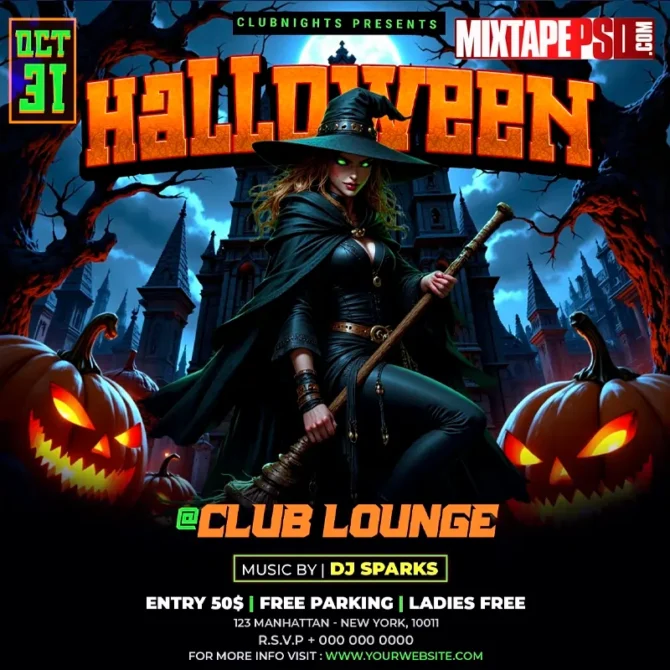 Halloween Night flyer template — editable PSD with neon horror effects, print & social sizes