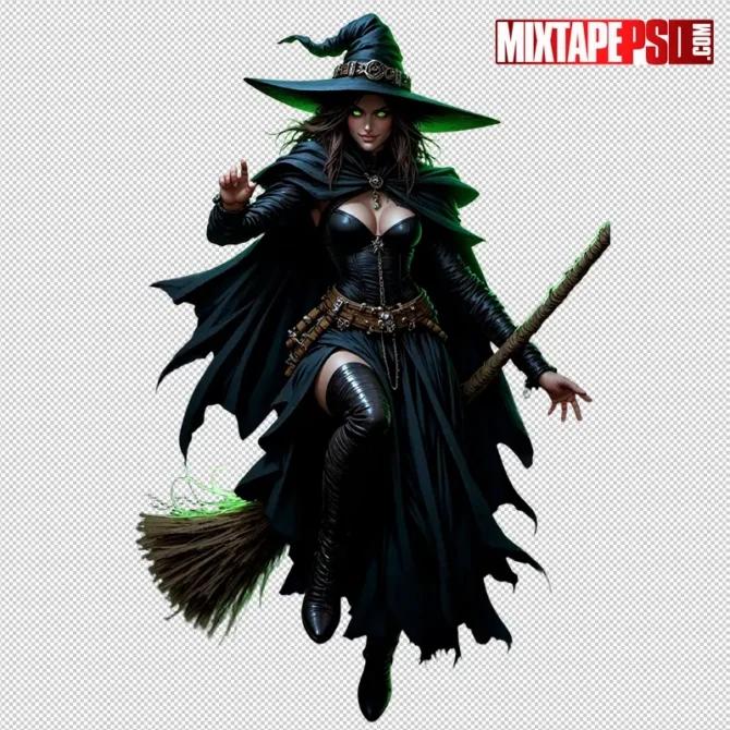 Halloween witch flying on a broomstick PNG cutout for spooky designs. Halloween witch PNG, witch with broom cutout, flying witch PNG, scary witch transparent, Halloween flyer design PNG, spooky witch clipart, haunted house flyer PNG, Halloween mixtape cover assets