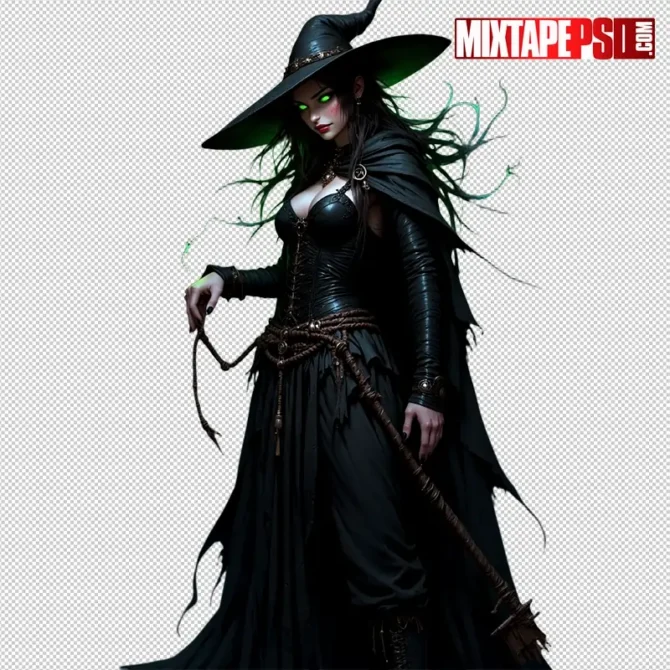 Halloween witch flying on a broomstick PNG cutout for spooky designs. Halloween witch PNG, witch with broom cutout, flying witch PNG, scary witch transparent, Halloween flyer design PNG, spooky witch clipart, haunted house flyer PNG, Halloween mixtape cover assets