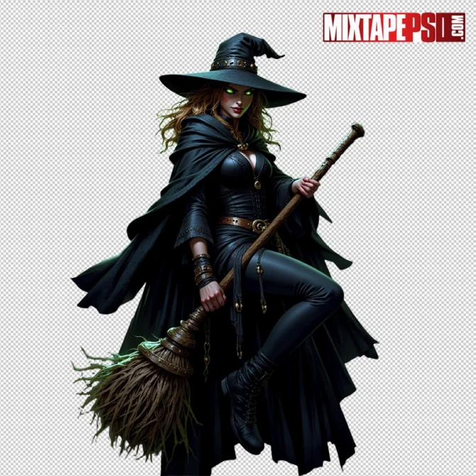 Halloween witch flying on a broomstick PNG cutout for spooky designs. Halloween witch PNG, witch with broom cutout, flying witch PNG, scary witch transparent, Halloween flyer design PNG, spooky witch clipart, haunted house flyer PNG, Halloween mixtape cover assets