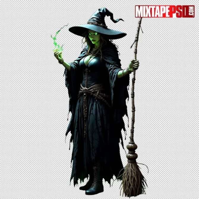 Halloween witch flying on a broomstick PNG cutout for spooky designs. Halloween witch PNG, witch with broom cutout, flying witch PNG, scary witch transparent, Halloween flyer design PNG, spooky witch clipart, haunted house flyer PNG, Halloween mixtape cover assets