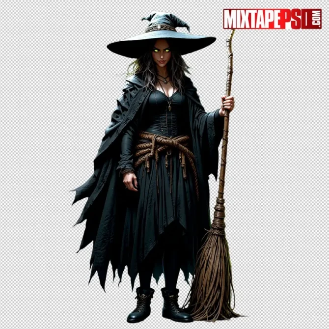 Halloween witch flying on a broomstick PNG cutout for spooky designs. Halloween witch PNG, witch with broom cutout, flying witch PNG, scary witch transparent, Halloween flyer design PNG, spooky witch clipart, haunted house flyer PNG, Halloween mixtape cover assets