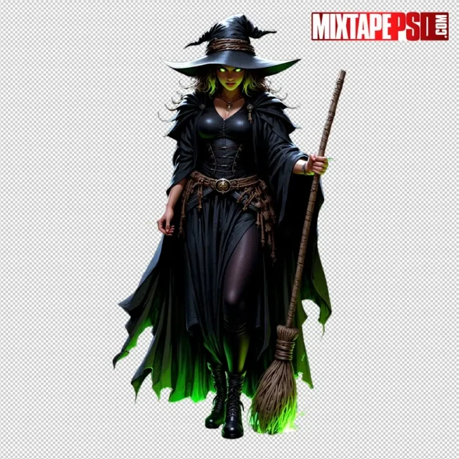 Halloween witch flying on a broomstick PNG cutout for spooky designs. Halloween witch PNG, witch with broom cutout, flying witch PNG, scary witch transparent, Halloween flyer design PNG, spooky witch clipart, haunted house flyer PNG, Halloween mixtape cover assets