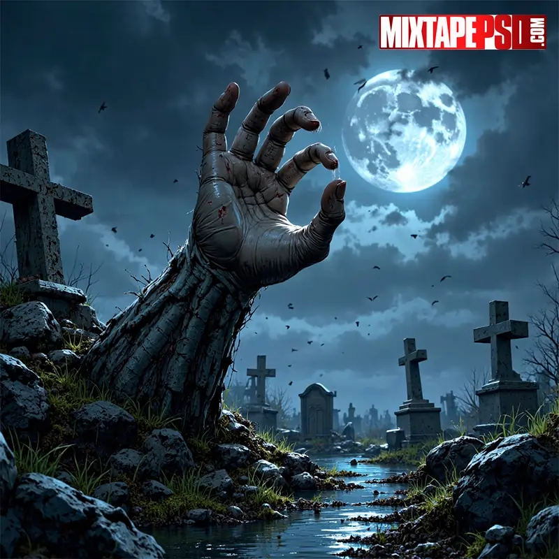 Zombie hand rising from the ground in a dark cemetery with gravestones and a full moon.