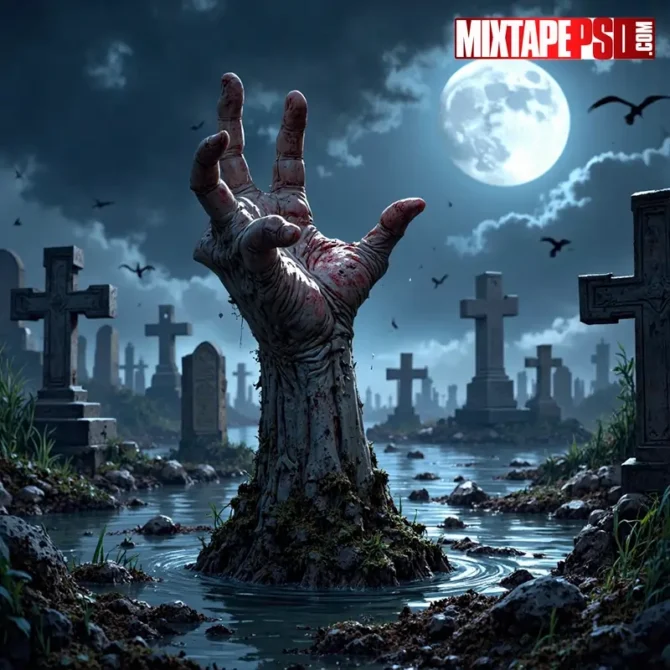 Zombie hand rising from the ground in a dark cemetery with gravestones and a full moon.