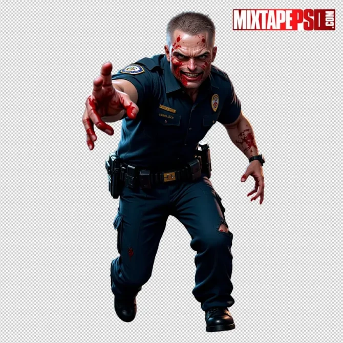 Zombie Police Officer PNG – transparent, non-graphic blood cutout for Halloween flyers and posters