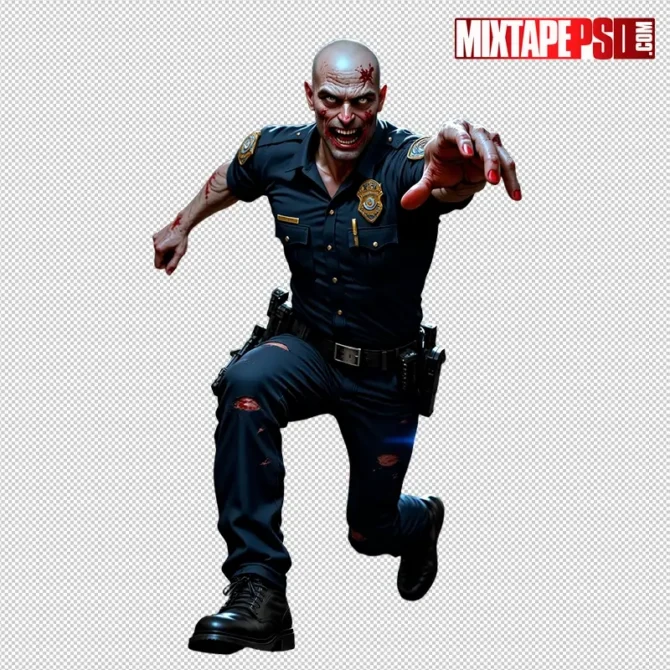 Zombie Police Officer PNG – transparent, non-graphic blood cutout for Halloween flyers and posters