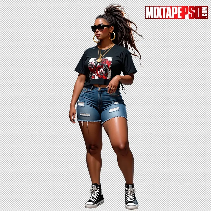 Hip Hop female model in urban streetwear, posing confidently with a transparent background for digital design use. Hip Hop Female Model PNG, urban streetwear PNG, female hip hop pose PNG, transparent background hip hop model, street style female PNG, urban fashion PNG, rap culture model PNG, mixtape cover model PNG, hip hop woman PNG, black female model PNG, urban flyer PNG, streetwear woman PNG