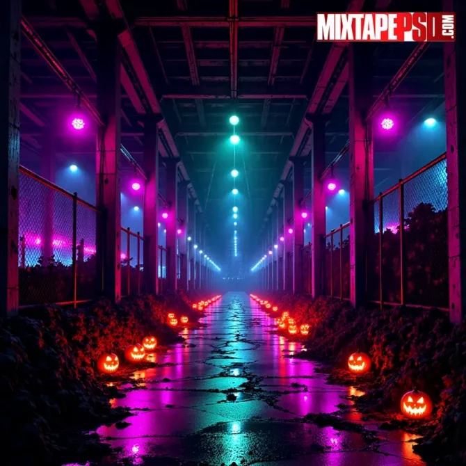 Neon haunted warehouse flyer background with purple/green lights, fog, steel columns and wet floor reflections, centered negative space. neon haunted warehouse background, halloween warehouse background, warehouse rave background, club flyer background, neon purple green background, foggy warehouse background, spooky warehouse backdrop, edm flyer background, photoreal flyer background, halloween party background, wet floor reflections, volumetric fog background, industrial rave background, steel columns background, chain link fence background, toxic green neon background, purple neon wash background, nightclub poster background, photoshop flyer background, premium poster background, horror flyer background, scary warehouse background, instant download background, halloween design background, haunted rave scene