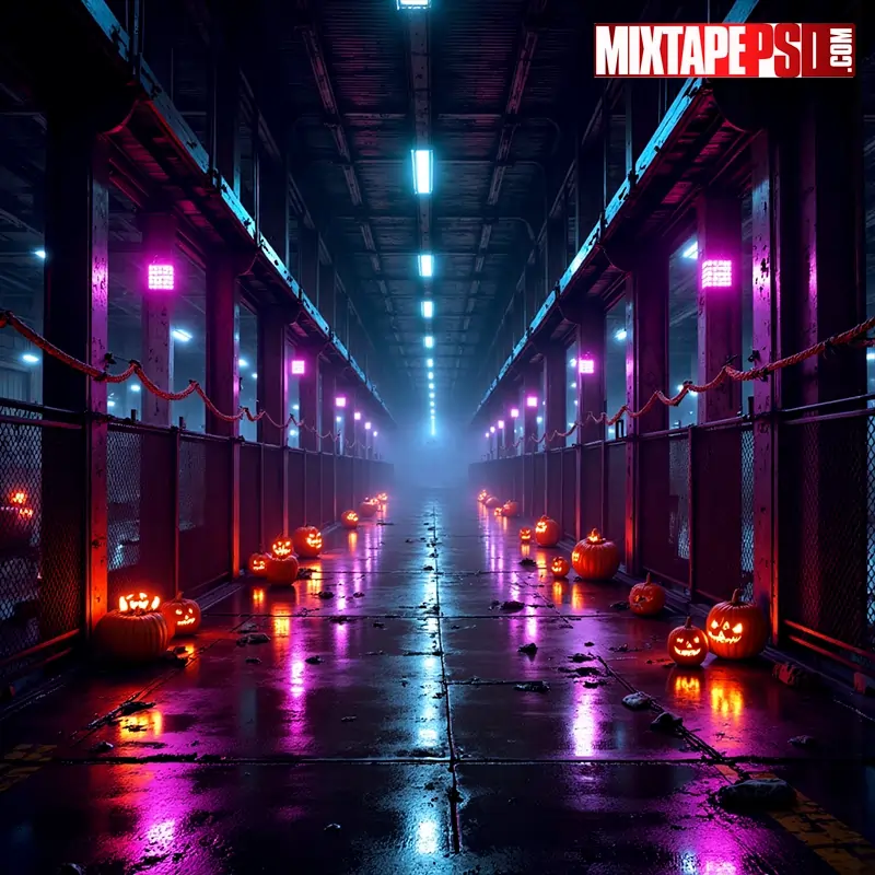 Neon Halloween Haunted Warehouse Flyer Background 6