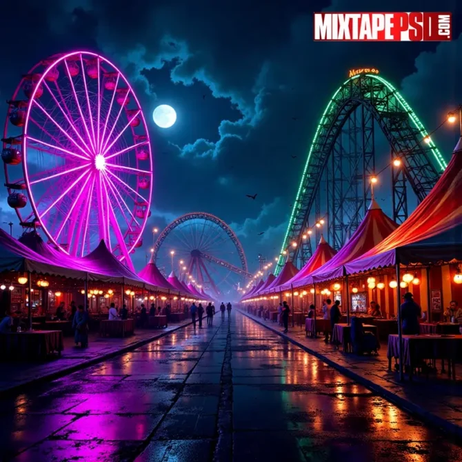 Neon haunted carnival flyer background with Ferris wheel, big-top tents, purple/green lights, fog and wet reflections, clean center. halloween carnival background, haunted carnival background, neon carnival background, ferris wheel background, big top tents background, roller coaster silhouette, neon purple green background, club flyer background, rave poster background, edm flyer background, spooky carnival backdrop, horror carnival background, night carnival lights background, foggy carnival background, wet pavement reflections, photoreal flyer background, halloween party background, haunted fairground background, string lights background, bats silhouette background, moonlit carnival background, volumetric