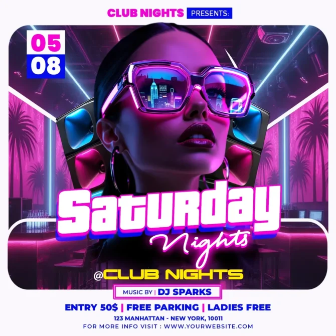 Saturday Nights club flyer template with neon-pink club scene, oversized futuristic glasses reflection, and space for title and event details. Saturday Nights club flyer, club flyer template PSD, nightlife flyer template, neon club flyer, pink neon flyer, DJ flyer template, party flyer PSD, event promo flyer, nightclub poster template, Instagram flyer template, square flyer PSD, editable Photoshop flyer, modern club design, futuristic club flyer, glossy neon background, DJ event poster, weekend party flyer, bar lounge flyer, club nights template, print ready flyer, social media flyer, high res PSD flyer, layered PSD template, quick edit flyer, MixtapePSD flyer