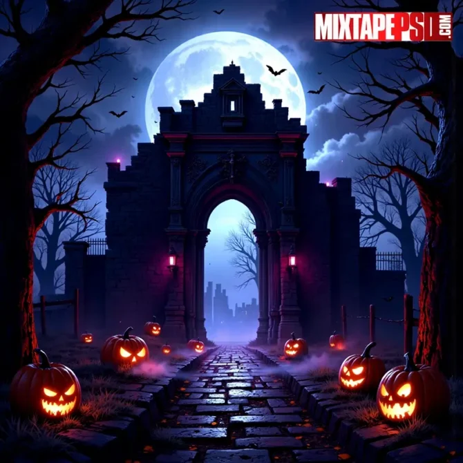 Halloween club flyer background with gothic arch, fog, moon glow, neon purple/green lighting, pumpkins and bats, clean center for text. halloween club flyer background, halloween flyer background, spooky flyer background, gothic arch background, foggy night background, moonlit background, neon purple green background, halloween poster background, nightclub flyer backdrop, edm flyer background, haunted background, scary background for flyers, photoshop flyer background, printable poster background, pumpkin glow background, bats silhouette background, volumetric fog background, dark gothic background, horror flyer background, premium flyer background, photoreal flyer background, club poster background, halloween party background, scary night background, halloween design background