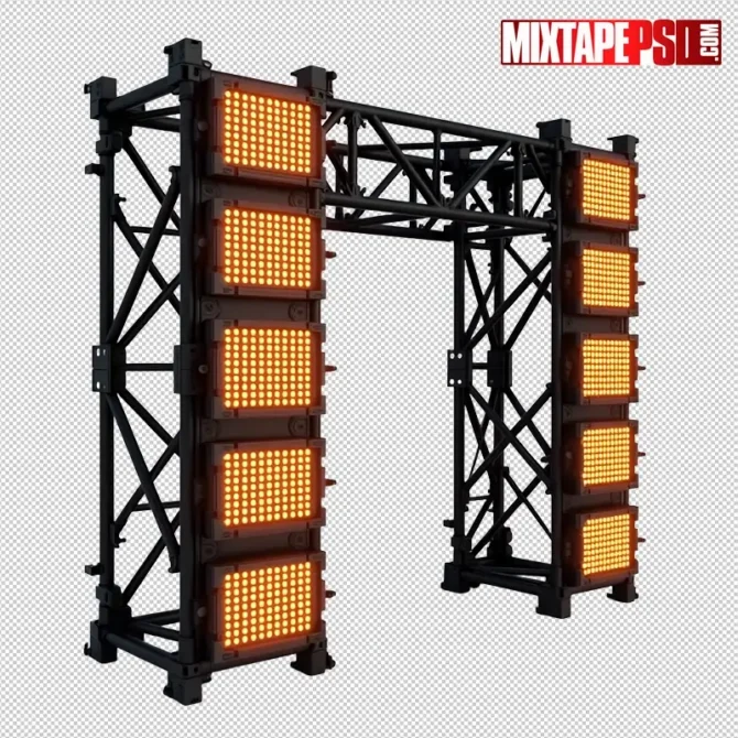 Curved truss with amber LED panels — transparent PNG stage lighting flyer asset. truss led lights png, curved truss png, stage truss asset, nightclub lighting png, club lights png, led panel png, flyer asset png, dj flyer elements, stage rig png, concert lights png, amber led lights png, transparent png lighting, club flyer graphics, event promo assets, photoshop flyer elements, nightlife design assets